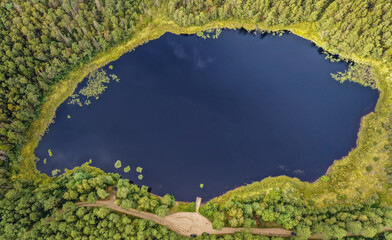 Drone photo of Stoborowe forest lake in Kaszuby region of Poland