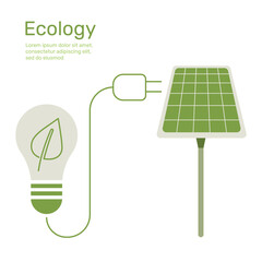 Leaf in Light bulb with plug to solar cell, ecology concept nature conservation. Vector design illustration.