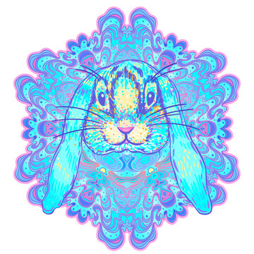 Hand drawn rabbit over mandala pattern, isolated vector illustration. Tattoo sketch. Cute easter symbol of 2023 new year over round mandala pattern.