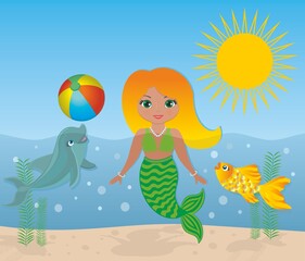 Lovely mermaid swimming and playing with dolphin and gold fish in the sea a sunny day. Vector illustration.