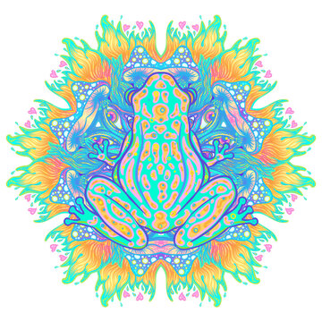 Green frog in acid colors. Hippie style. Totem animal. Vector illustration for sticker, poster, banner, web, t-shirt print, pin, bag print, badge. isolated artwork.