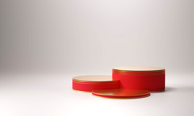 Three red gold podiums in a beautiful and elegant studio. Luxury background with simplicity. Cosmetic product demonstration scene and product show. 3D render illustration