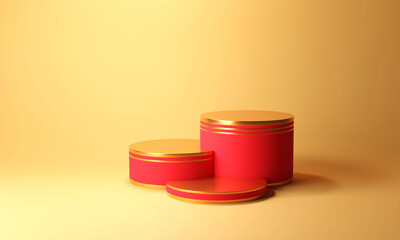 Three red gold podiums in a beautiful and elegant studio. Luxury background with simplicity. Cosmetic product demonstration scene and product show. 3D render illustration