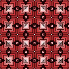 Geometric seamless pattern in red tones from square elements. 