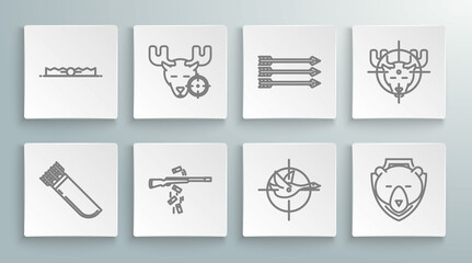 Set line Quiver with arrows, Hunt on moose crosshairs, Gun shooting, duck, Bear head shield, Hipster, and Trap hunting icon. Vector