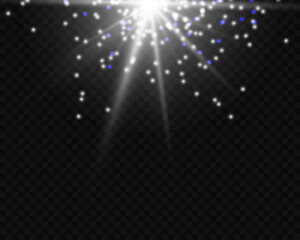 Bright glowing beam of light burst, star, glare, dust and glitter on a transparent background. Bright decoration with glare effect with ray sparkles.