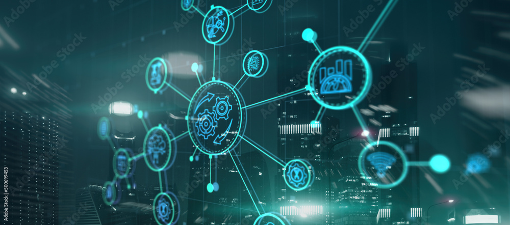 Poster rpa. robotic process automation on modern city abstract background