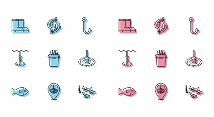 Set line Fish, Location fishing, Fishing boots, hook under water with, bucket fishes, float, and icon. Vector