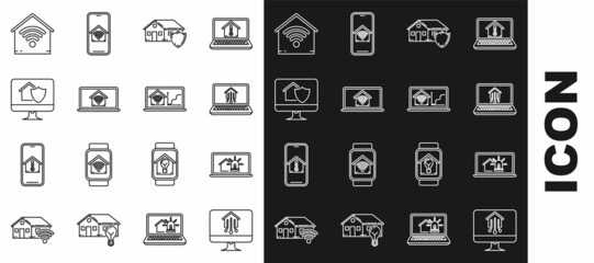 Set line Computer monitor with smart home, Laptop house and alarm, House under protection, wi-fi, Smart and icon. Vector