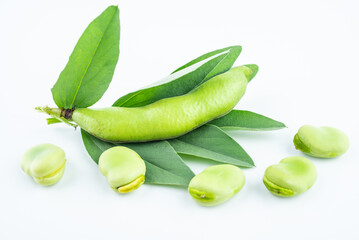 Fresh broad bean pods on white background