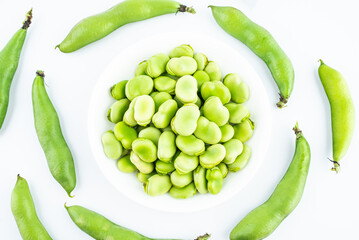 A plate of shelled fresh organic vegetable broad beans