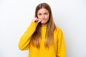 Young caucasian woman isolated on white background showing a sign of silence gesture