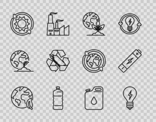 Set line Earth globe and leaf, Light bulb with lightning symbol, plant, Plastic bottle, Solar energy panel, Recycling plastic, Canister for gasoline and Battery icon. Vector
