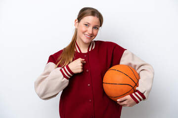 Young basketball player woman isolated on white background with surprise facial expression