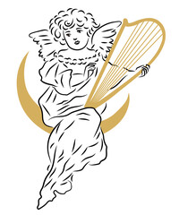 Girl Angel playing on a Harp sitting on the Moon. Vintage, retro.  Line and Color.