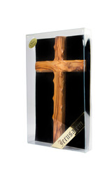 Wooden crucifix standing in box on white background