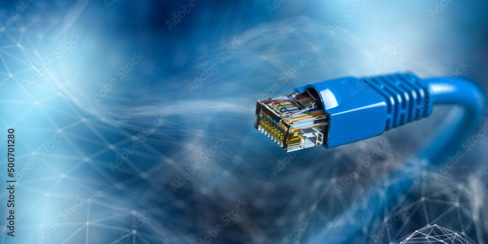 Aufkleber internet lan network connection ethernet cable. internet cord rj45 on blue abstract background. 3d
