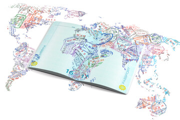 Fototapeta na wymiar Passport stamps of different visa country in form of world map. Travel, tourism and immigration concept background.