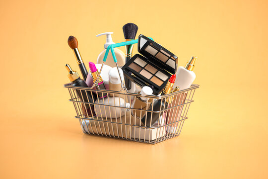 Cosmetics, beauty and make up products in shopping basket.  Cosmetics sales and purchasing online concept.