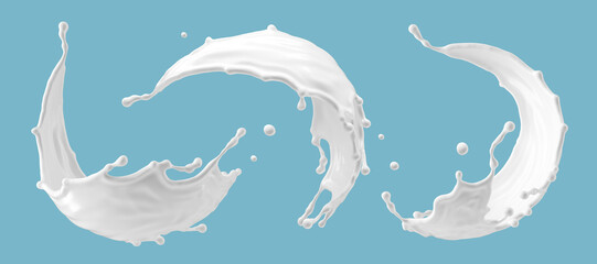3d illustration, milk splash set with assorted shapes. Abstract liquid clip art collection, isolated on blue background. Moisturizing lotion, white cosmetics splashing - obrazy, fototapety, plakaty