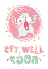 Motivational poster with hand drawn lettering "Get well soon". Cute artwork for greeting card, inspirational banner, print. Vector background with positive quote and bunny.