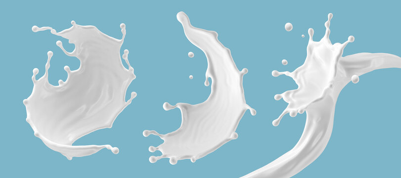 3d render, set of white liquid splashes, splashing milk design elements. Abstract assorted liquid shapes clip art collection, isolated on blue background. White paint splashing
