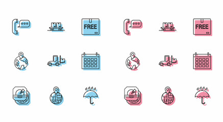Set line Pizza in cardboard box, Telephone with speech bubble chat, Umbrella and rain drops, Forklift truck, Calendar, Worldwide and Railway carriage icon. Vector