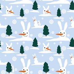 Winter seamless snowman rabbit pattern for fabrics and packaging and gifts and cards and kids and wrapping paper