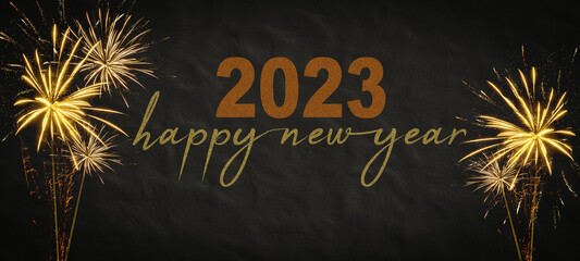 Fototapeta na wymiar Silvester 2023 Happy New year New Year's Eve Party background banner panorama long- firework fireworks on rustic dark black night sky texture.