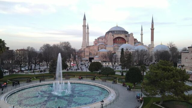 Hagia Sophia and Blue Mosque in the Fog Drone Video, Fatih Istanbul, Turkey