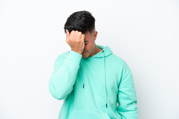 Young caucasian handsome man isolated on white background with headache