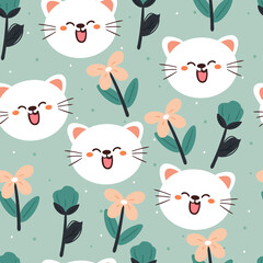 seamless pattern hand drawing cartoon cat and flower. animal drawing for fabric print, textile, gift wrap paper