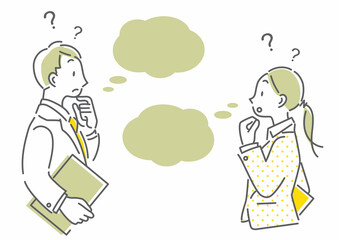 若いビジネスパーソン　はてな　女性　男性　シンプルでお洒落な線画イラスト