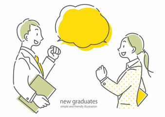 若いビジネスパーソン　ガッツポーズ　女性　男性　シンプルでお洒落な線画イラスト