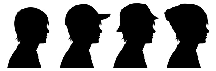 Profile silhouettes of teenage boy wearing three different types of hat.  