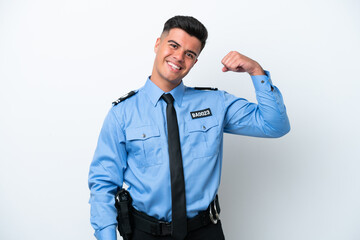 Young police caucasian man isolated on white background doing strong gesture