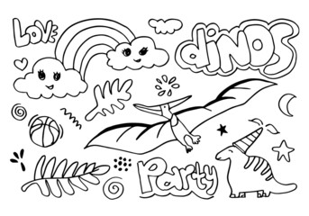 Vector dinosaur illustration with rainbow, star, leaves and more. © tedi