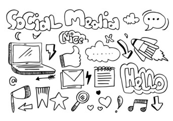 Vector line art Doodle cartoon set of objects and symbols on the Social Media theme.
