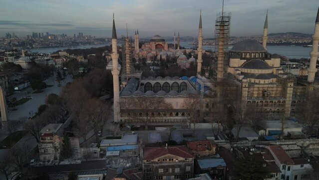 Hagia Sophia and Blue Mosque in the Fog Drone Video, Fatih Istanbul, Turkey