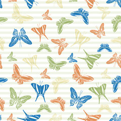 Flying butterfly silhouettes over striped background vector seamless pattern.