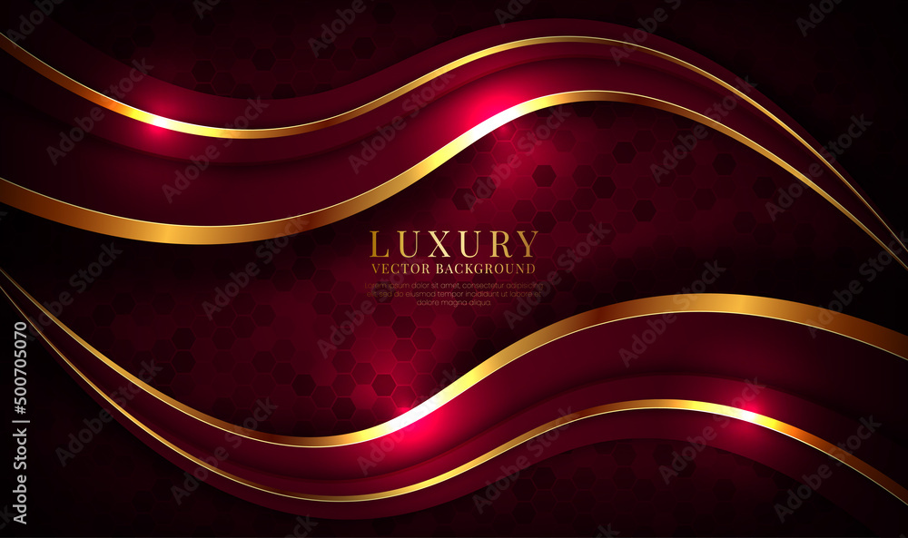 Poster 3d red luxury abstract background overlap layers on dark space with golden waves effect decoration. 