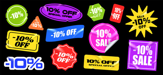 Sale sticker -10%. Bright multi-colored stickers, different shapes, with a realistic paper texture. Isolated on black background