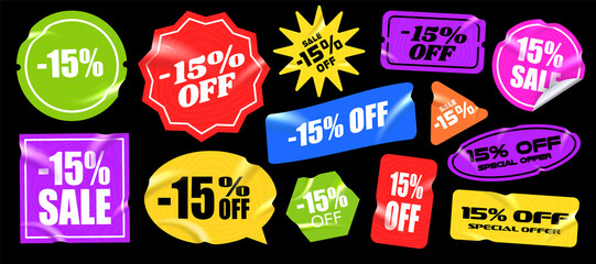 Sale sticker -15%. Bright multi-colored stickers, different shapes, with a realistic paper texture. Isolated on black background