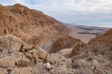 View  from a mountain near the Tamarim stream on the Israeli side of the Dead Sea at sunrise over...