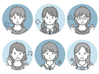 怒る女子学生の丸アイコンセット