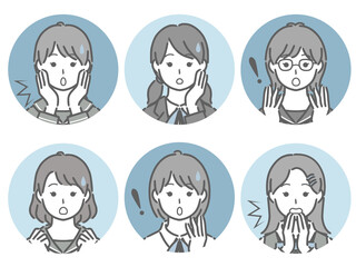 驚く女子学生の丸アイコンセット