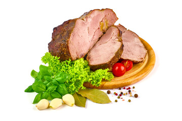 Roasted shoulder, pork roast with garlic, isolated on white background.