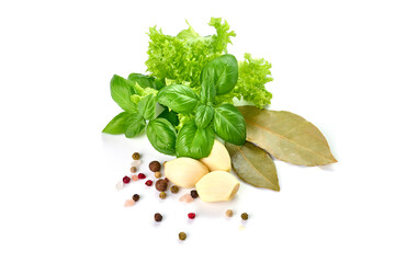 Basil leaf with bay leaf and garlic, fresh condiments, isolated on white background. - obrazy, fototapety, plakaty