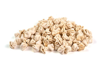 Homemade italian ravioli pasta with soy, isolated on white background.