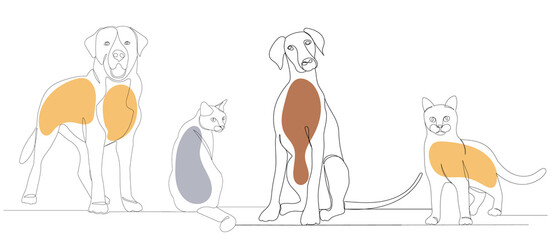 cats and dogs continuous line drawing, sketch, vector